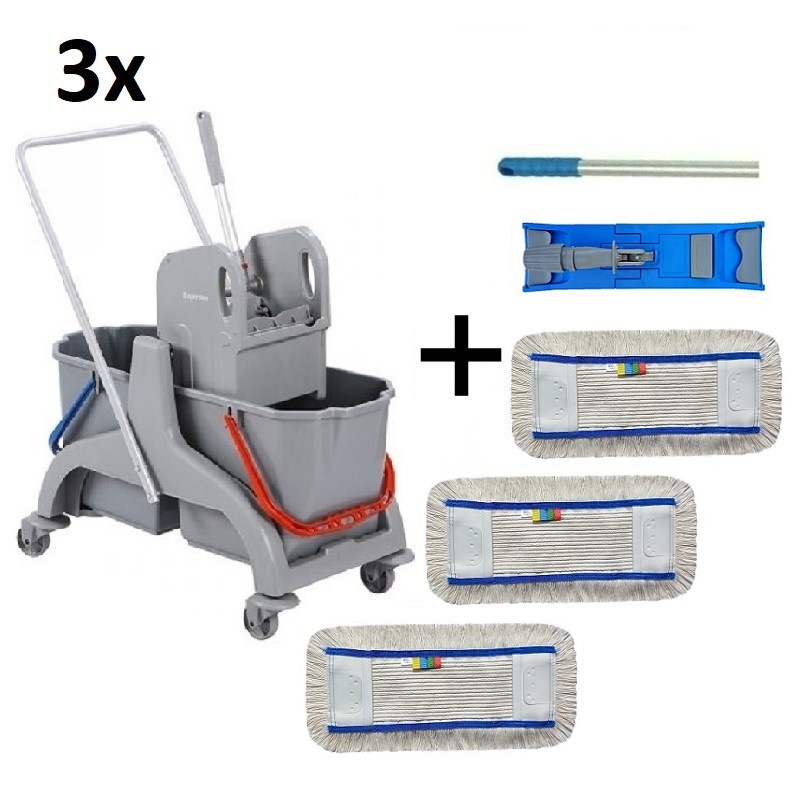 Set 3ks Úklidový vozík DOUBLE PL 2x25l + FLIPPER Mop sestava s devíti návleky 40cm