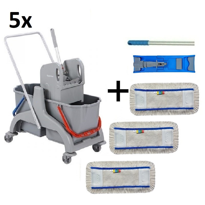 Set 5ks Úklidový vozík DOUBLE PL 2x25l + FLIPPER Mop sestava s patnácti návleky 40cm