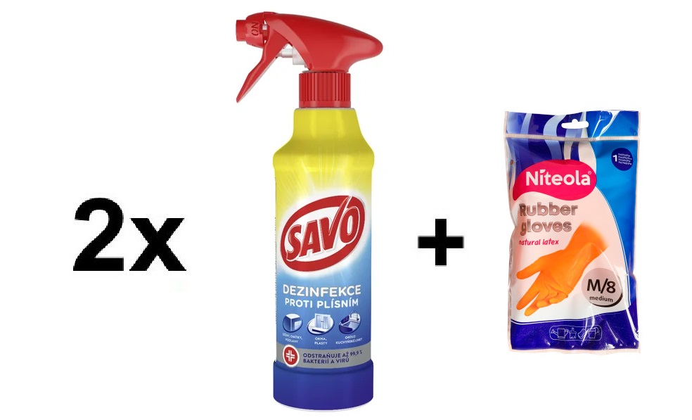 2x SAVO proti plísni s rozprašovačem 500ml + Rukavice gumové LATEX M